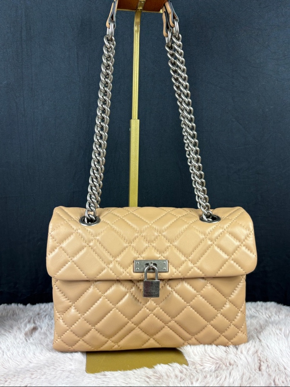 Kurt Geiger London Brixton Diamond Quilted Leather Camel Tan Antiqued Hardware